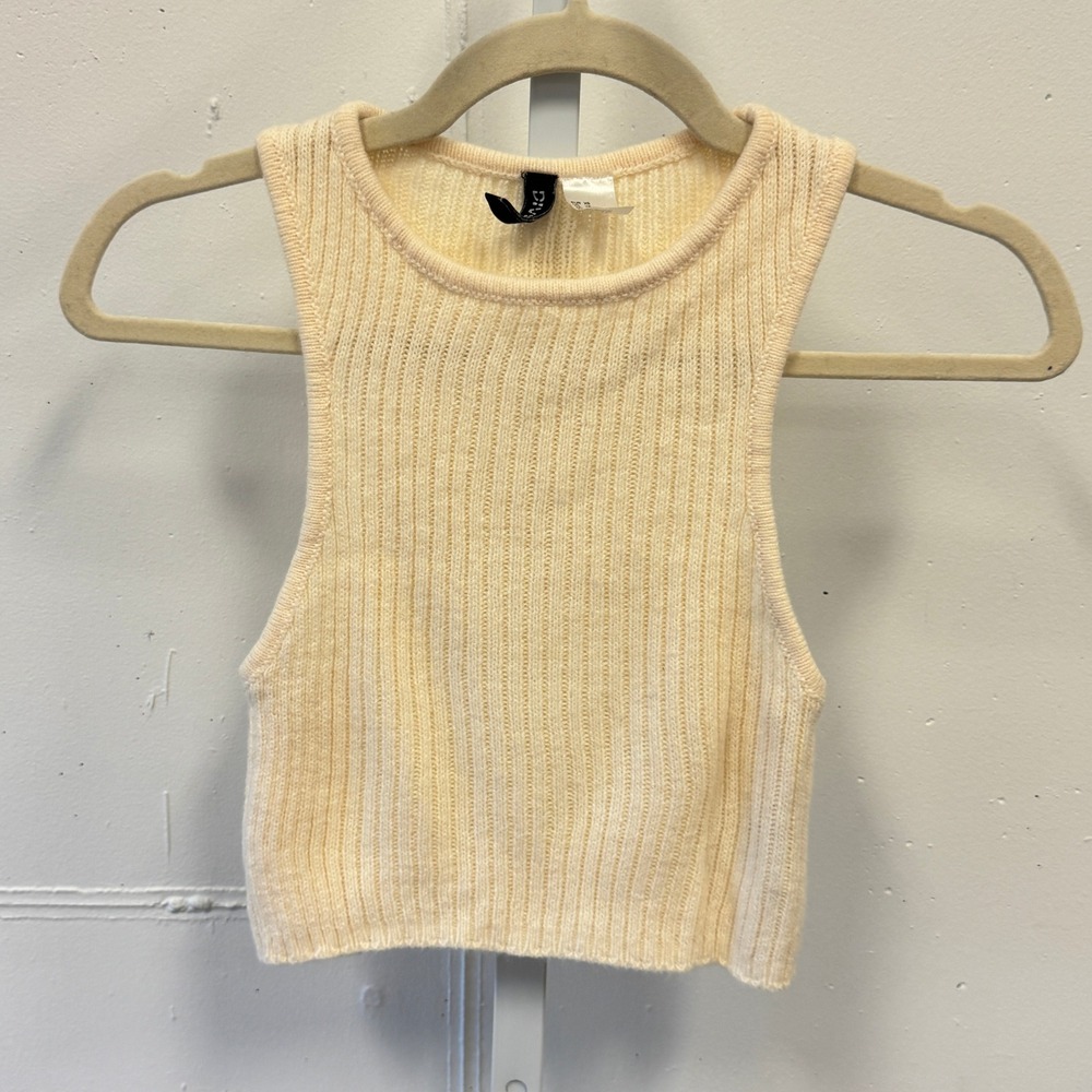 H&M Divided Ribbed Knit Crop‎ Tank Top Cream XS Sleeveless Crew Neck Neutral